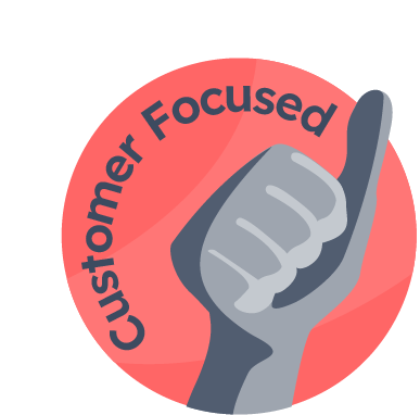 Dairesel bir arka plan üzerinde Müşteri Odaklı metniyle birlikte başparmak kaldıran bir el illüstrasyonu
