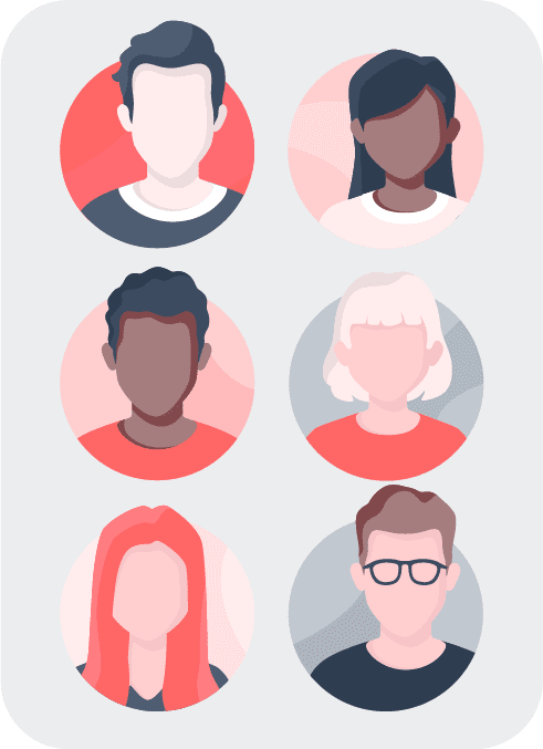 Illustration of six diverse avatar icons with various skin tones and hairstyles on a light grey background
