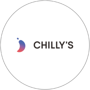 Chilly’s logo in black with a blue and red icon on a transparent background