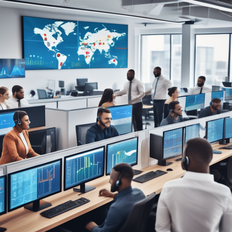 Verschiedene Mitarbeiter eines Hightech-Callcenters signalisieren den Erfolg des Outsourcing mit einem symbolischen Händedruck und einer globalen Verbindung im Hintergrund.