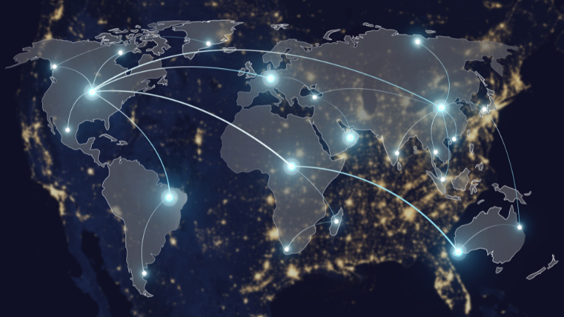 World map with glowing points and lines representing a 24/7 live multilingual customer care network