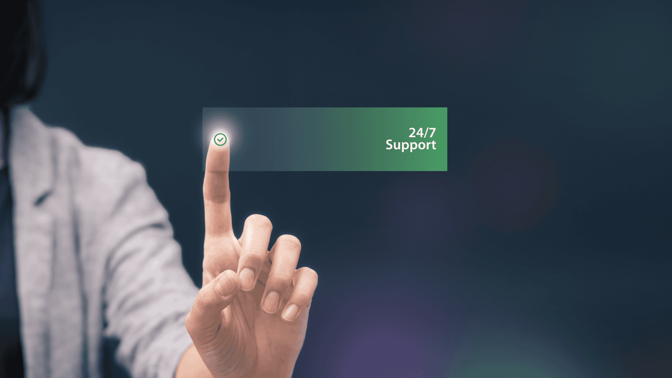 A hand touching a virtual screen with the words '24/7 Support' highlighted.