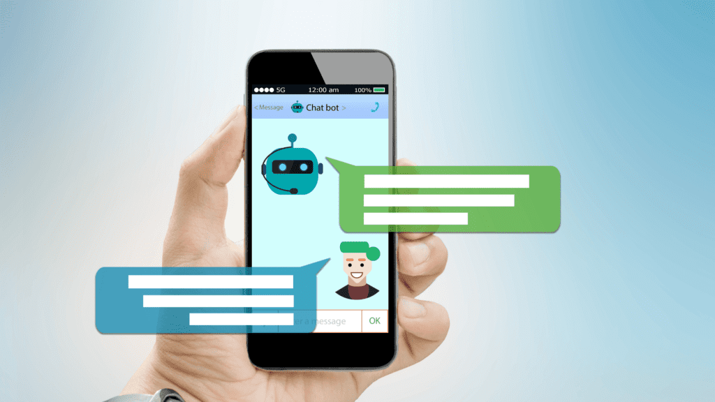 A smartphone screen displaying a chatbot interface and live chat conversation for multilingual tech support around the clock.
