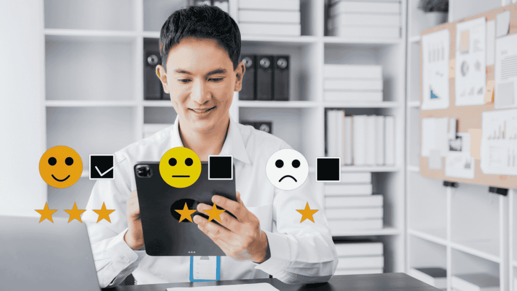 A smiling professional reviewing feedback on a tablet, surrounded by rating icons and emojis