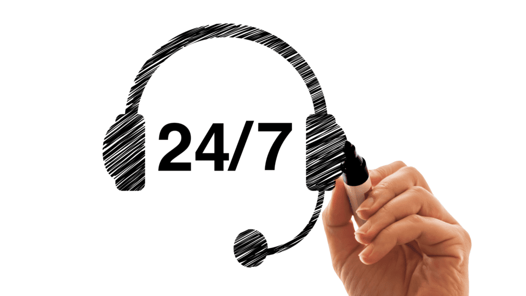 Illustration of 24/7 multilingual customer help headset icon.