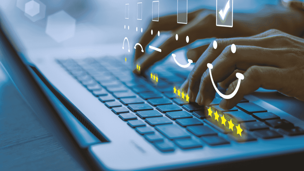 A keyboard with an overlay of happy face icons representing customer satisfaction for multilingual support services anytime.