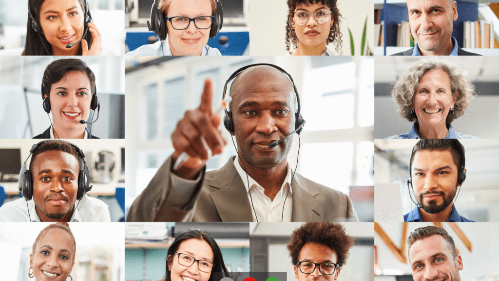 A grid of diverse customer service agents in a virtual meeting, wearing headsets and smiling