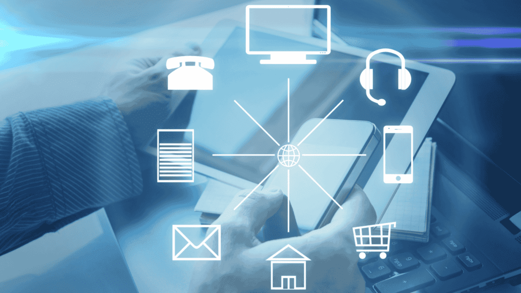 A futuristic network showing communication icons such as email, phone, chat, and mobile, representing multichannel support.