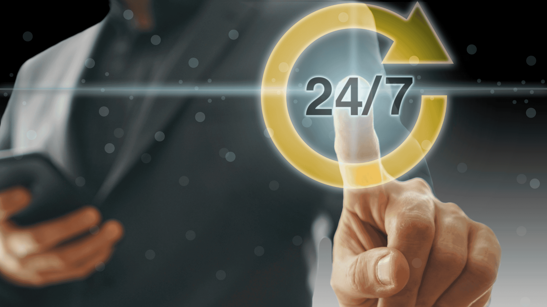 A professional demonstrating 24/7 multilingual support for customers using an interactive digital interface.