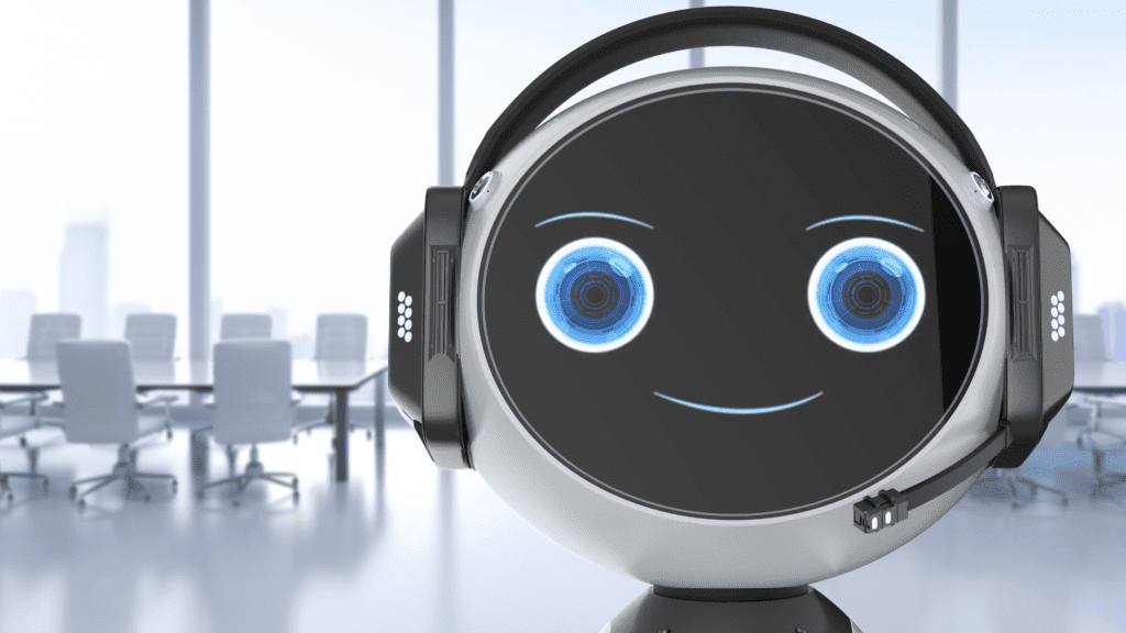 AI robot providing nonstop multilingual customer support in a corporate setting.