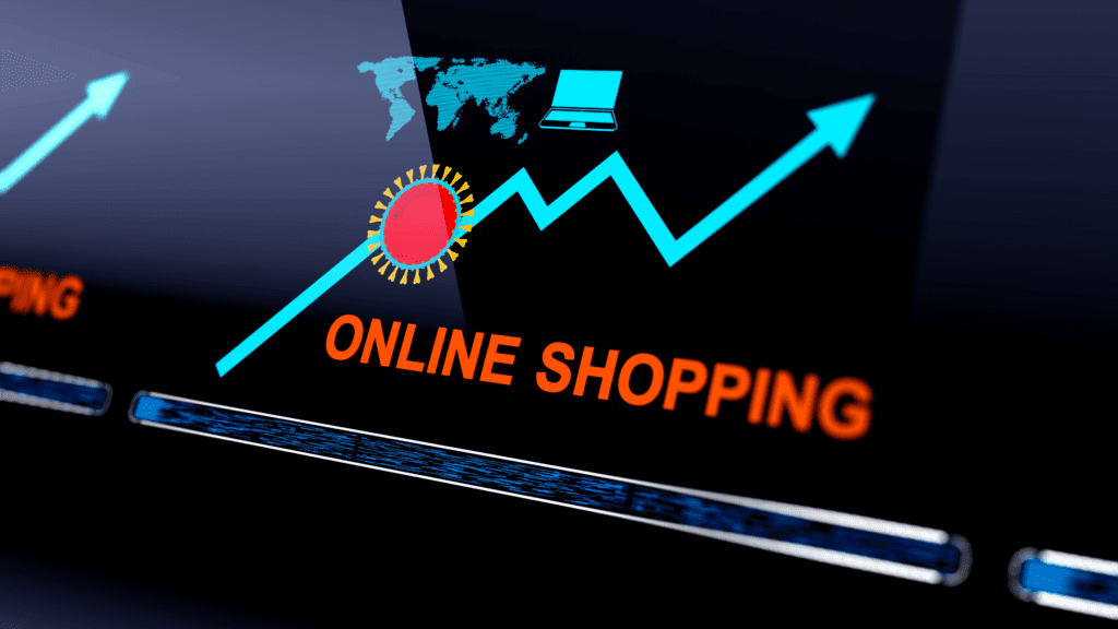 A digital screen displaying an upward trend graph labeled "Online Shopping," representing global e-commerce growth.