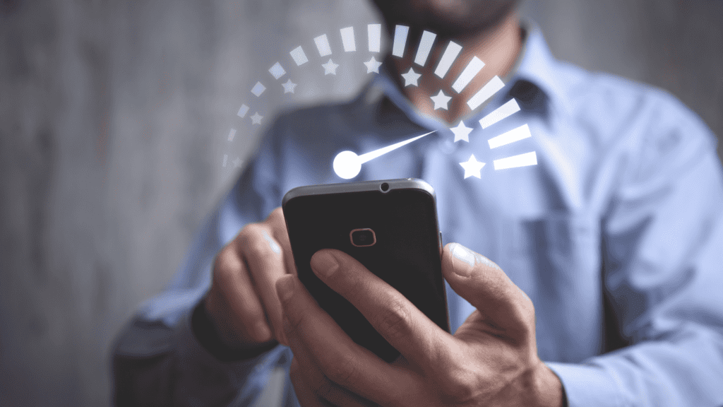 Customer providing a high rating using a smartphone, indicating excellent service quality.