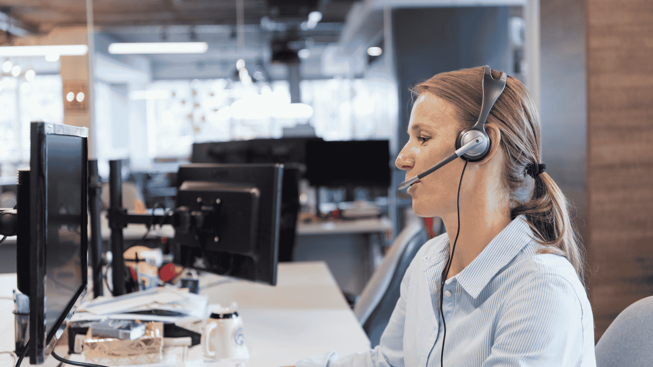 A professional customer support agent wearing a headset, working at a computer in a modern office environment.