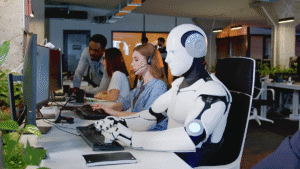 Robot and human call centre agents working side by side in a busy office environment.