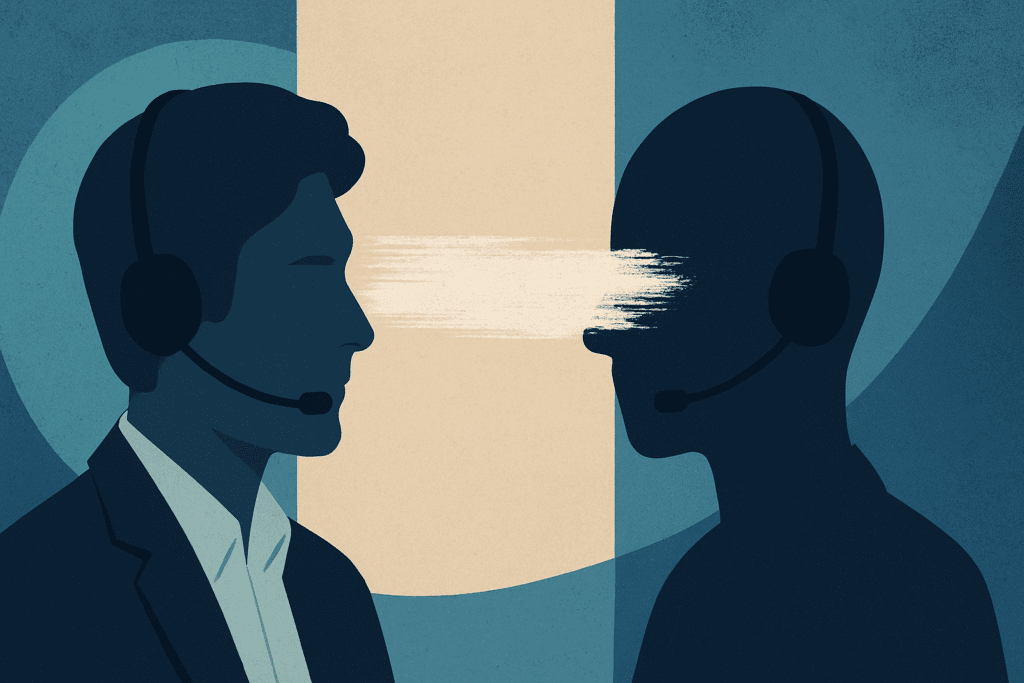 Abstract illustration of two call centre agents facing each other, one human and one silhouetted, with a white paint stroke obscuring the face of the latter.