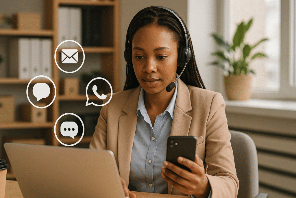 Customer support representative using a laptop and smartphone, wearing a headset with multichannel communication icons floating around her.