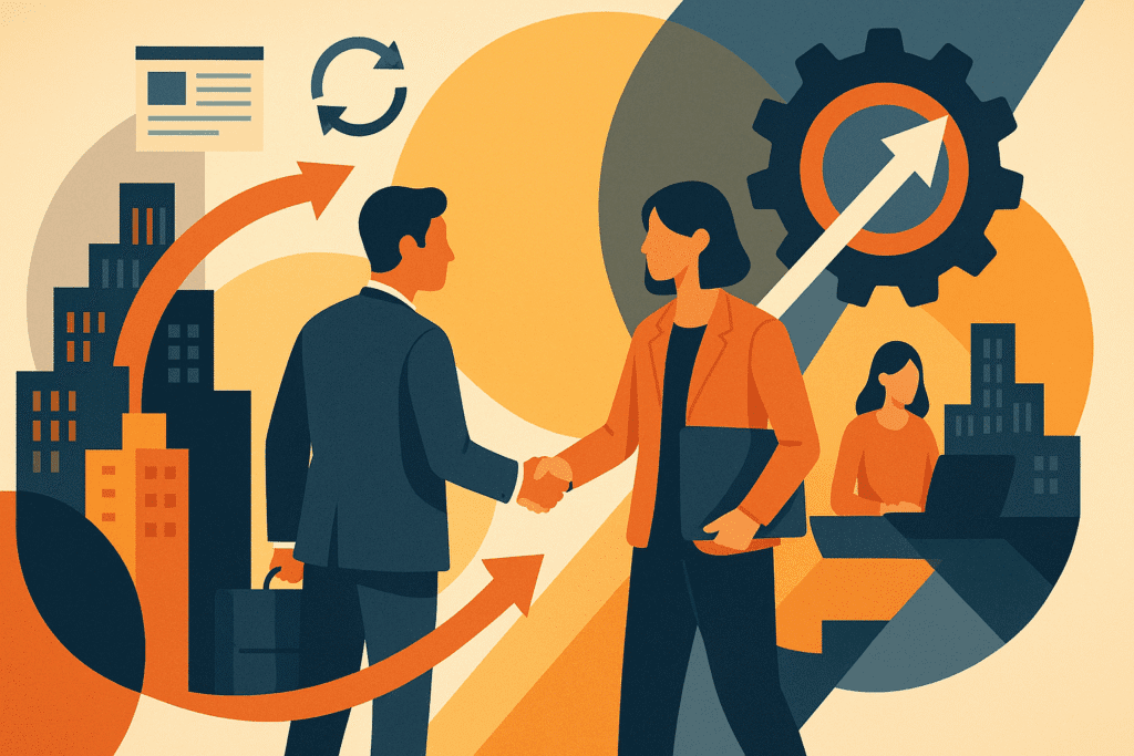 Illustration of two business professionals shaking hands, symbolising partnership and outsourcing, with visual elements of growth and collaboration in the background.