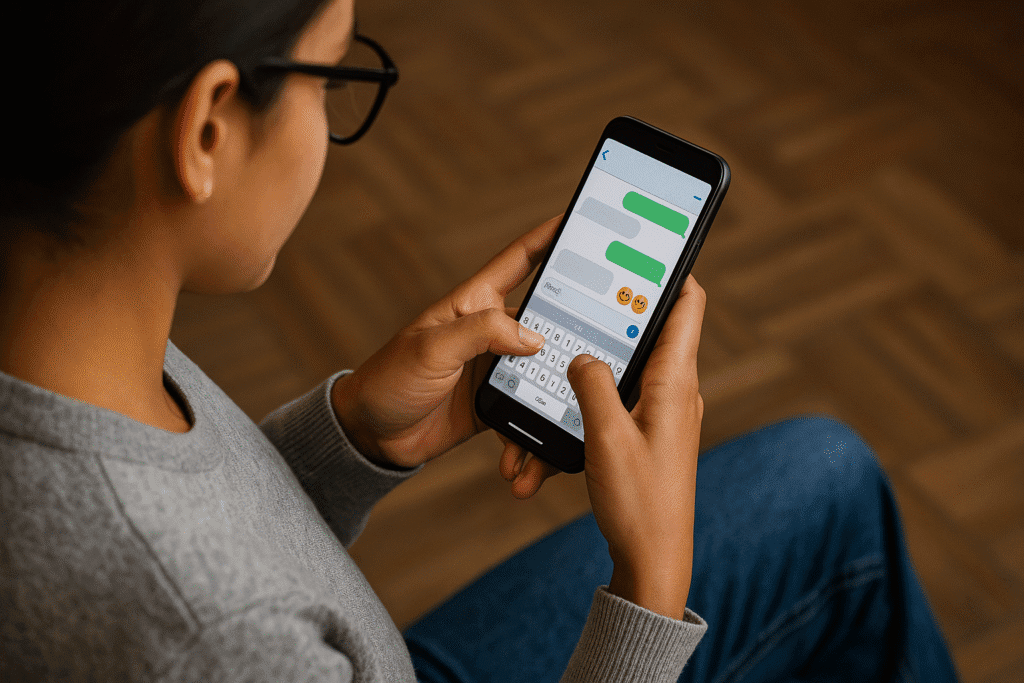 Young woman texting on a smartphone with a messaging app open, viewed from above.