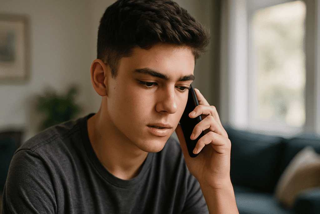 Teenage boy on a mobile phone call, listening attentively.