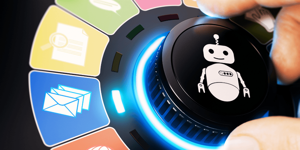 A hand turning a glowing dial featuring a smiling AI robot icon, surrounded by colourful icons for emails, files, and messaging apps—symbolising automation in customer service.