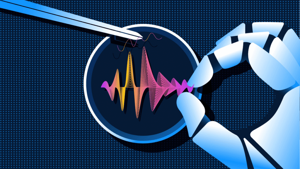 Robotic hand manipulating colourful sound waves with tweezers under a digital lens.