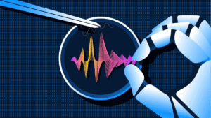 Robotic hand manipulating colourful sound waves with tweezers under a digital lens.
