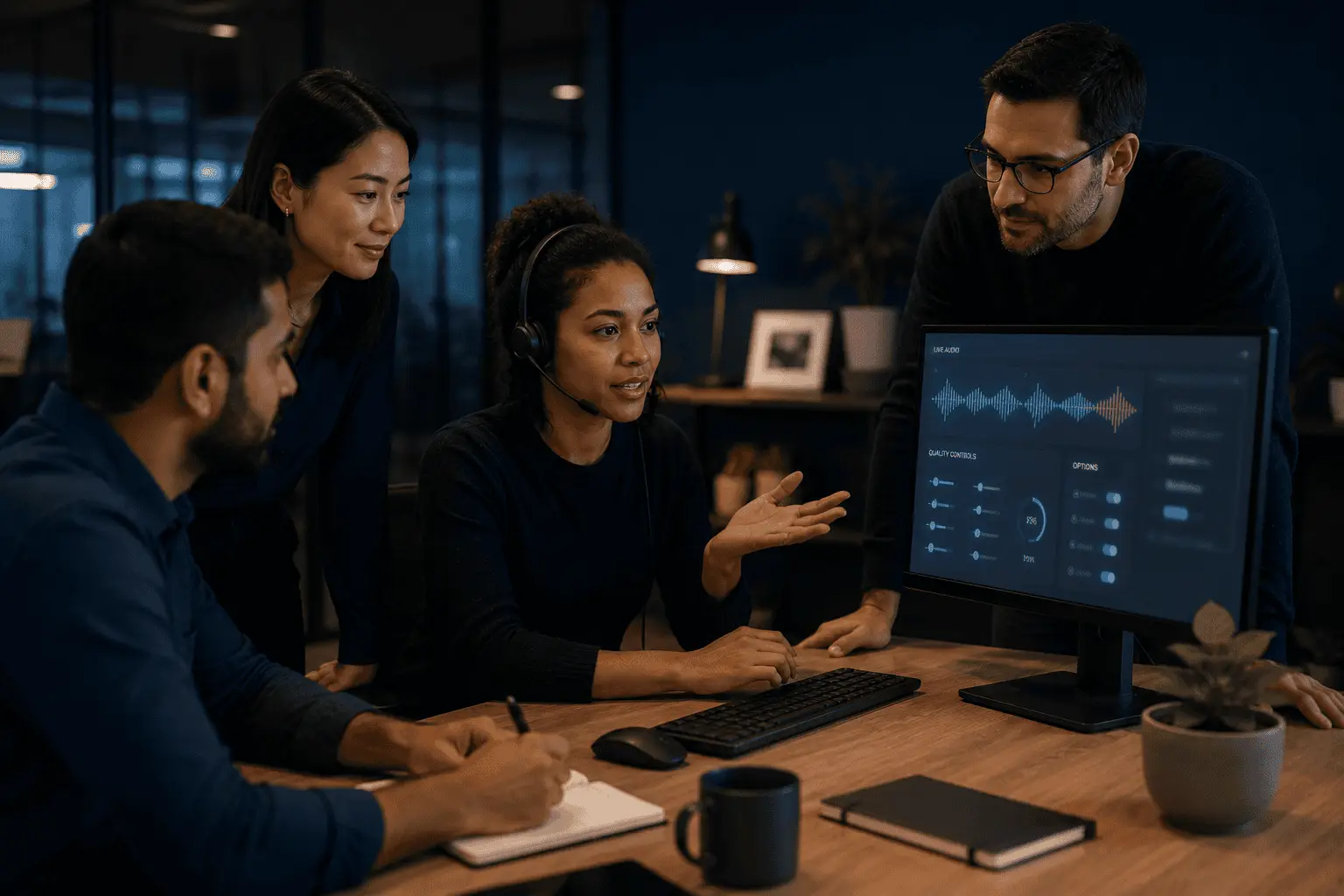 Team of support agents considering the ethical implications of AI's usage to erase accents.