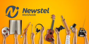 Hands holding different objects like a football, book, pencil, headphones, ukulele, rolling pin, game controller, camera, and radio against a bright yellow background, with the Newstel Worldwide logo above.