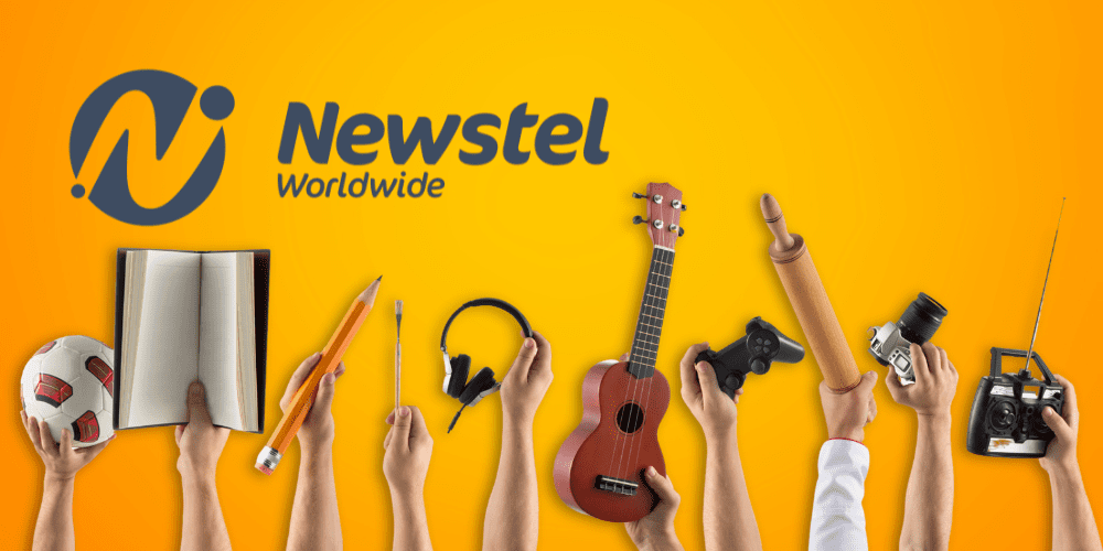Hands holding different objects like a football, book, pencil, headphones, ukulele, rolling pin, game controller, camera, and radio against a bright yellow background, with the Newstel Worldwide logo above.