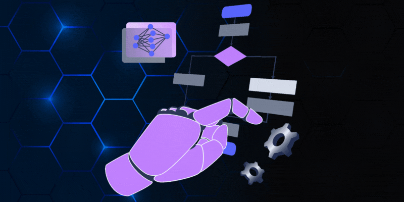 Robotic hand navigating AI-powered workflow diagram.