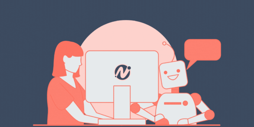 Illustration of AI and a human working together at a computer in customer service.