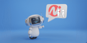 Cute AI robot showing a speech bubble about human and AI collaboration in customer support