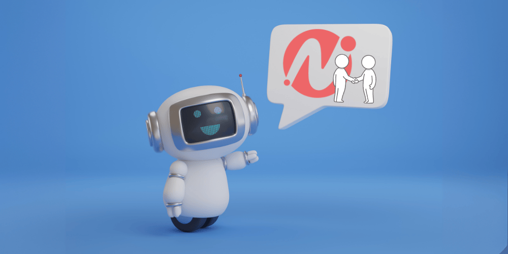 Cute AI robot showing a speech bubble about human and AI collaboration in customer support