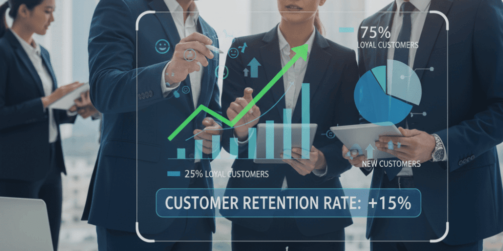 Business team reviewing customer retention analytics