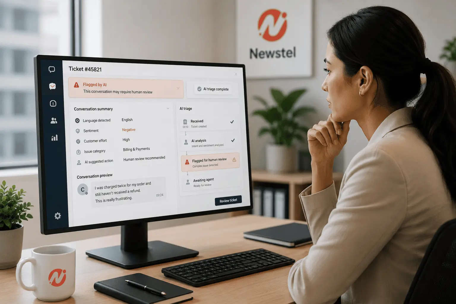 Customer service adviser reviewing an AI-flagged billing support ticket that requires human review on a desktop monitor.
