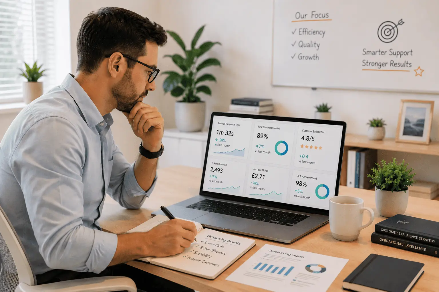 Man reviewing customer service outsourcing metrics on a laptop, including response time, first-contact resolution, cost per ticket and SLA achievement, in a bright modern office.