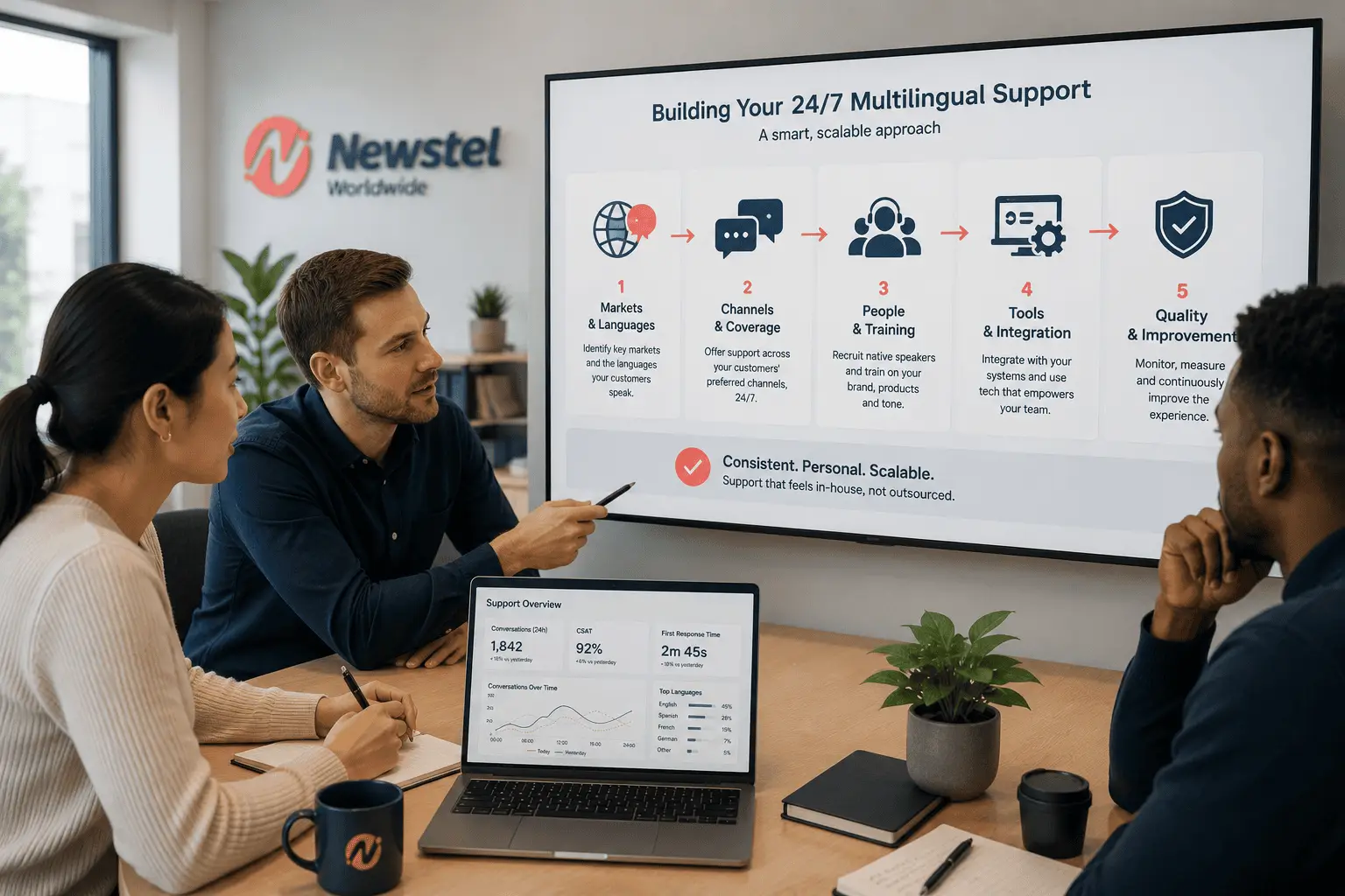 Team planning multilingual customer support operations