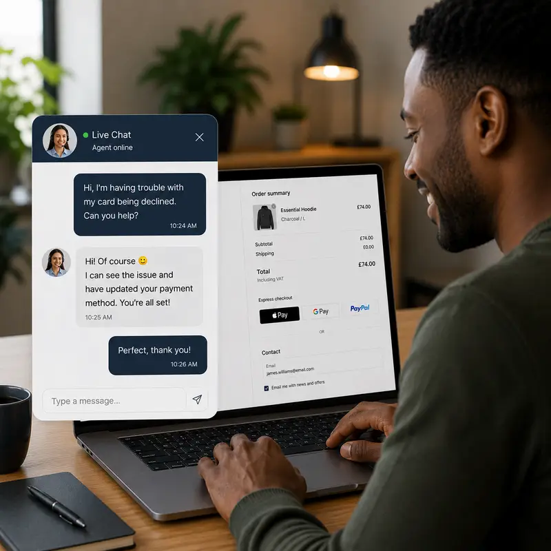 Customer completing an ecommerce checkout after receiving live chat support with a declined payment.