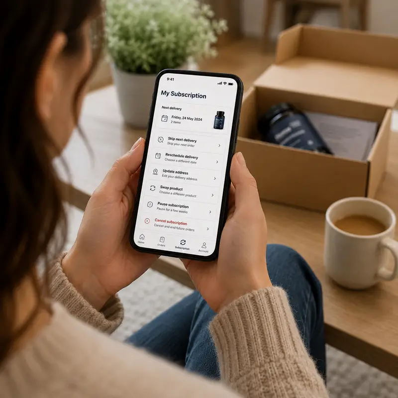 Customer using a mobile phone to manage an ecommerce subscription, including delivery dates, address changes and product options.