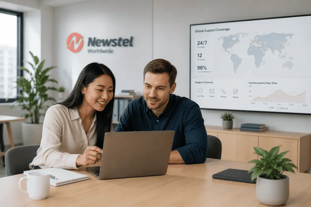 Team reviewing multilingual 24/7 customer support coverage