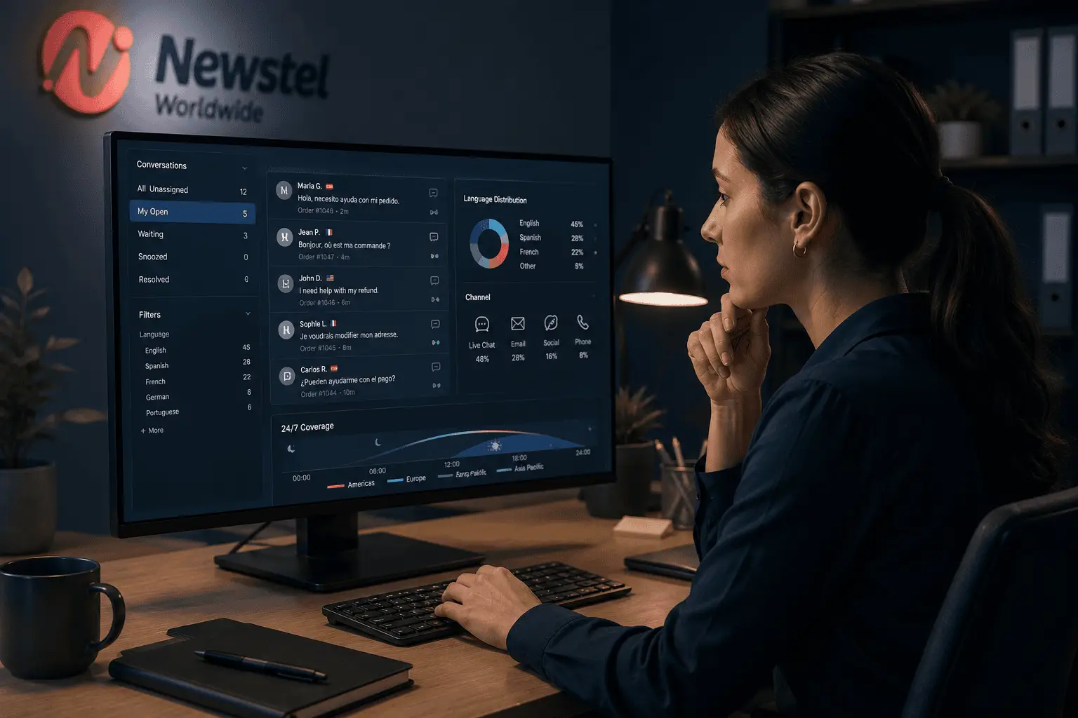 Adviser managing customer support in multiple languages across channels