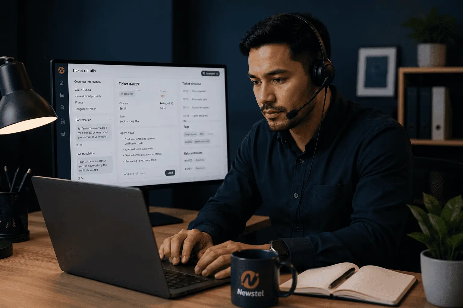 Multilingual customer support adviser resolving a complex customer issue