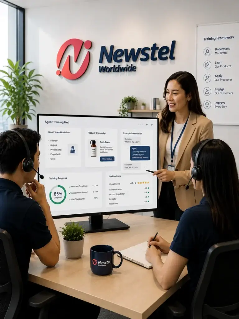 Newstel trainer coaching live chat agents using a branded training dashboard in a modern office.
