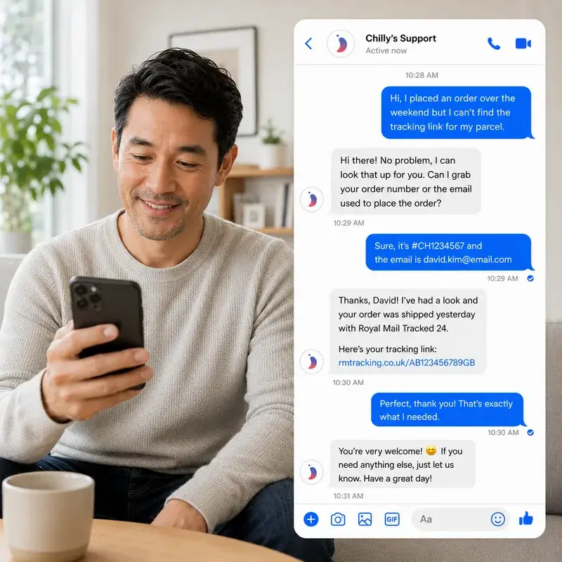 Male customer receiving parcel tracking support from Chilly’s through Facebook Messenger. With ecommerce customer service outsourcing provided by Newstel.
