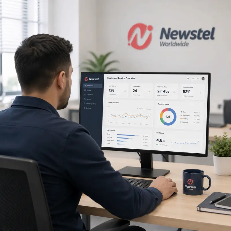 Customer service adviser reviewing live ticket volumes, response times and satisfaction metrics on a support dashboard.