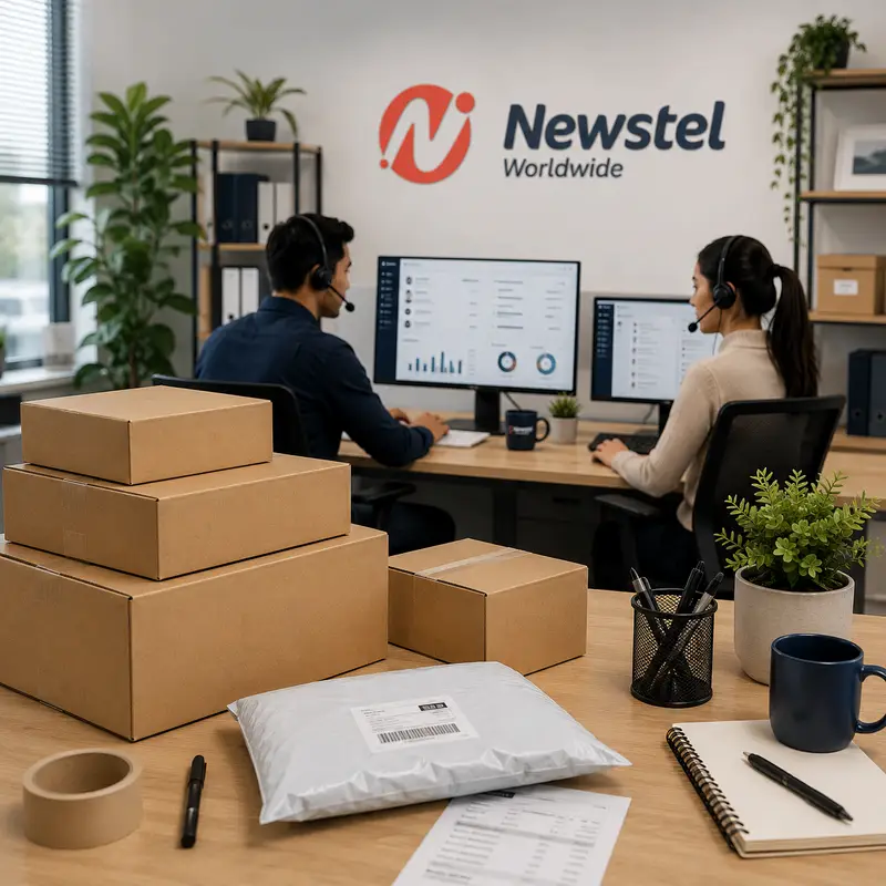 Ecommerce support team working beside a packing station with customer service dashboards, parcels and shipping materials.