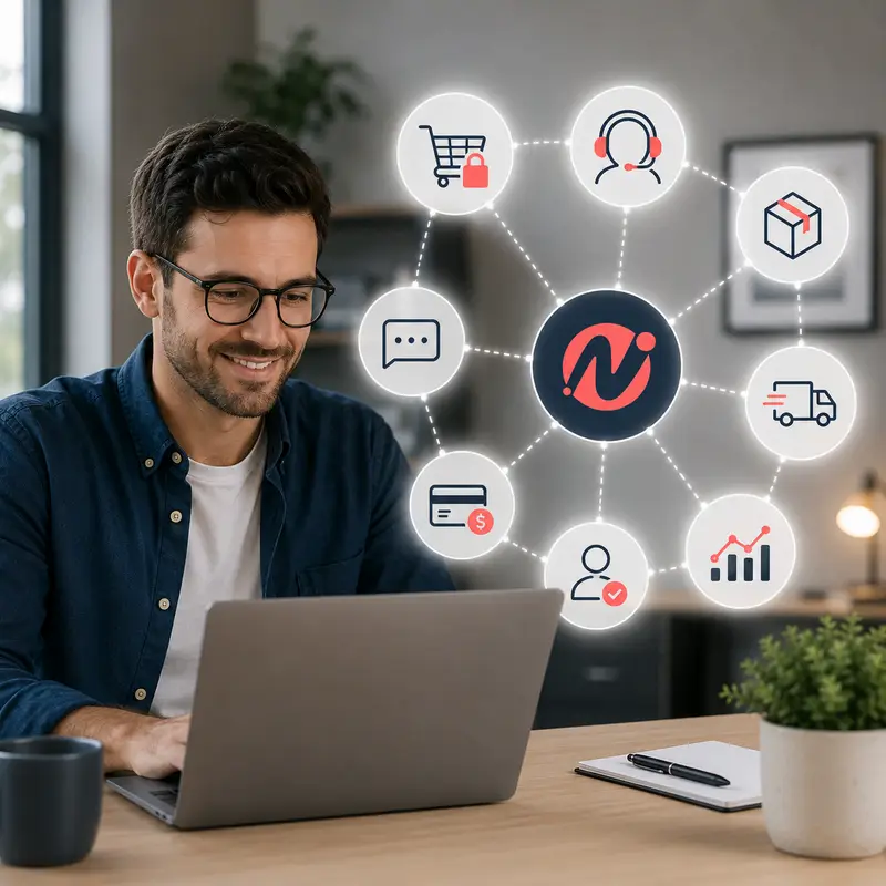 Ecommerce professional working on a laptop beside connected icons representing customer support, fulfilment, payments, delivery and analytics systems.