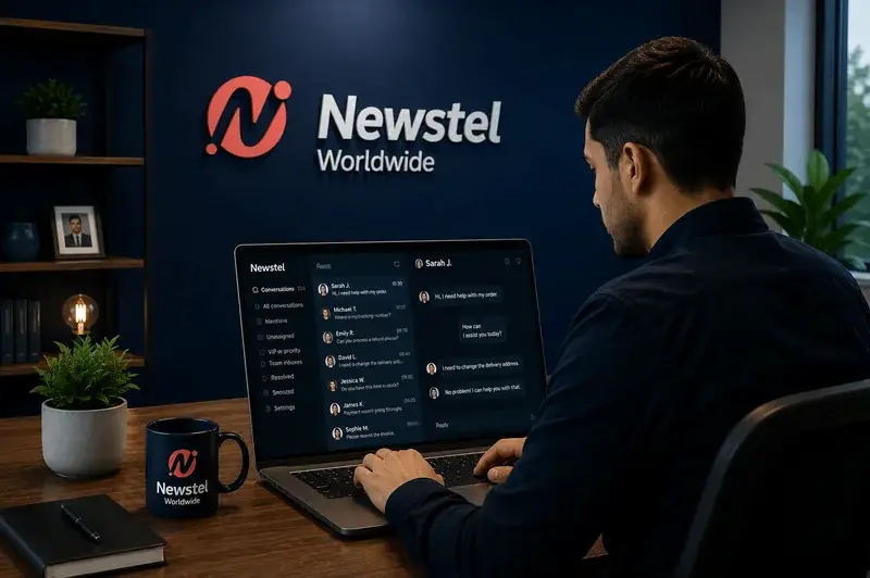 Newstel live chat agent responding to customer messages on a laptop in a navy blue branded office.