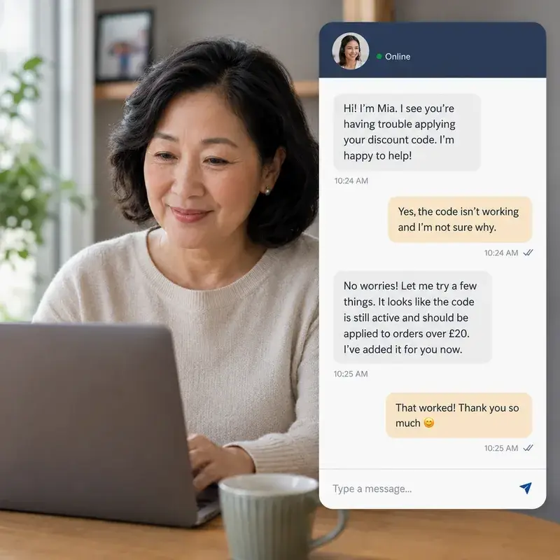 Older customer receiving live chat help to resolve a discount code issue while placing an online order.