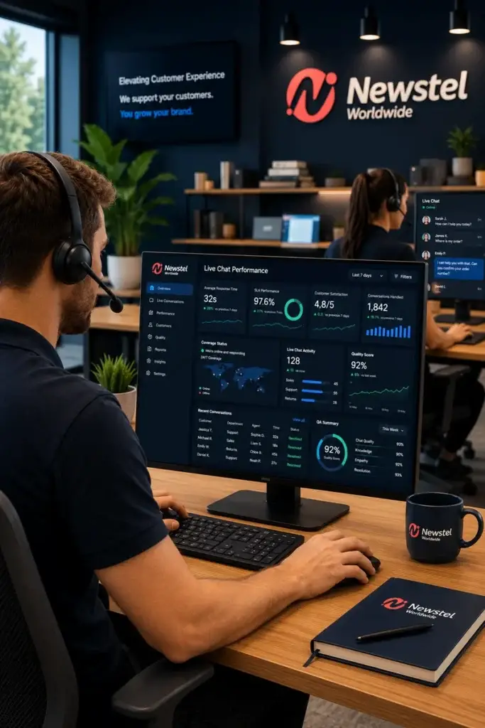 Newstel live chat support team monitoring response times, customer satisfaction and service quality in a branded operations centre.